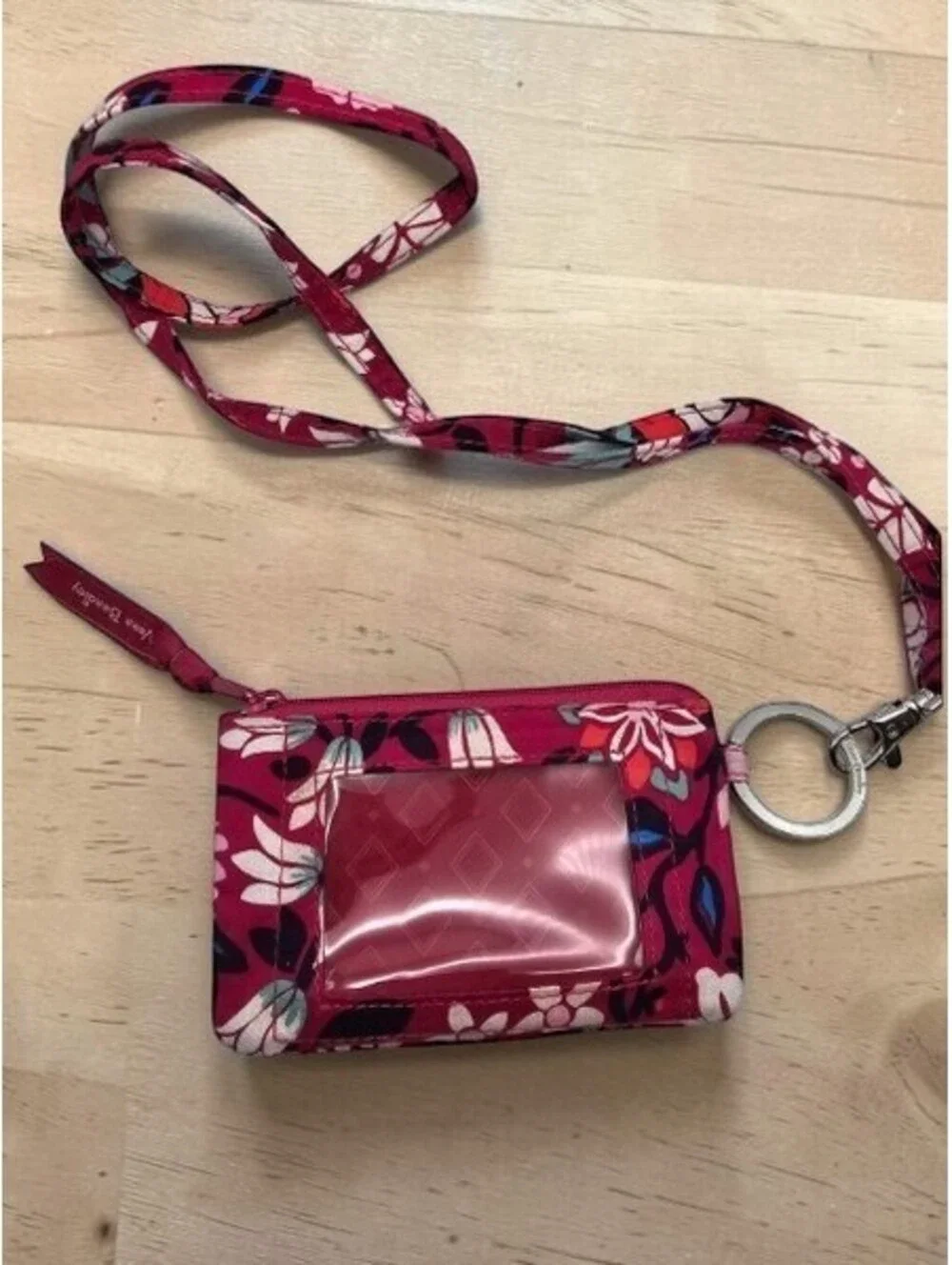 Vera Bradley Zip ID Case Lanyard Pink Floral Quilted Key Ring Wallet